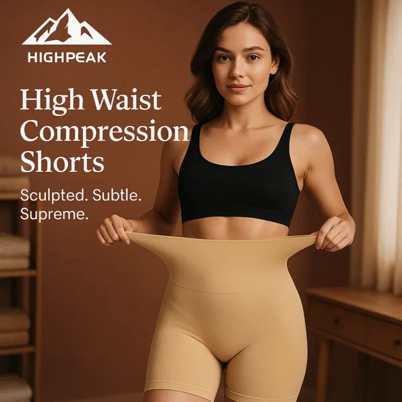 HighPeak High Waist Compression Shorts in beige worn by woman stretching waistband, showing comfortable fit and shaping features