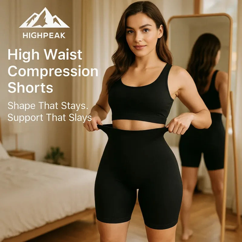 HighPeak High Waist Compression Shorts in black worn by woman demonstrating waist compression and smooth fit in bedroom setting