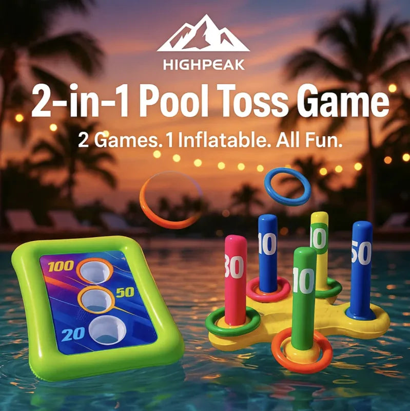HighPeak 2-in-1 Inflatable Pool Toss Game floating in pool at sunset with ring toss and corn toss features