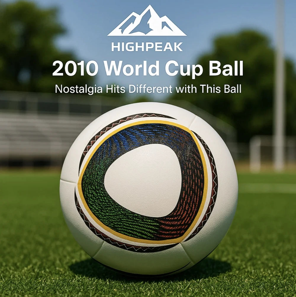 HighPeak 2010 World Cup Ball in white with colorful design on green soccer field for professional play and training