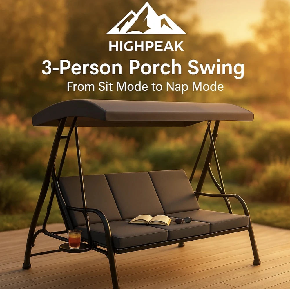 HighPeak 3-Person Porch Swing in black with adjustable canopy, cushioned seats, and cup holders on wooden deck outdoors