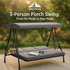 HighPeak 3-Person Porch Swing in gray with adjustable canopy, cushioned bed mode, cup holder, and black steel frame outdoors