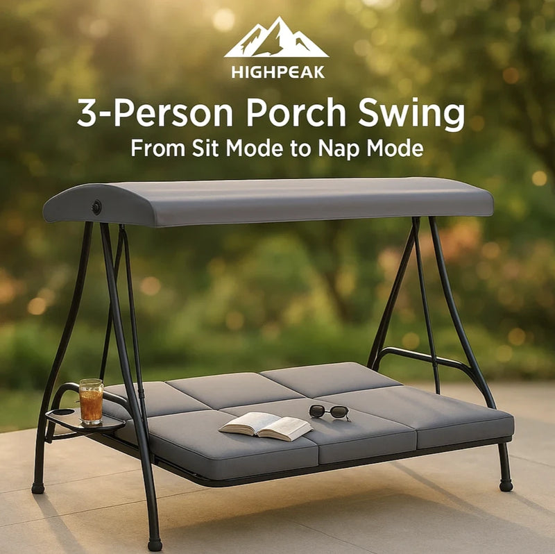 HighPeak 3-Person Porch Swing in gray with adjustable canopy, cushioned bed mode, cup holder, and black steel frame outdoors