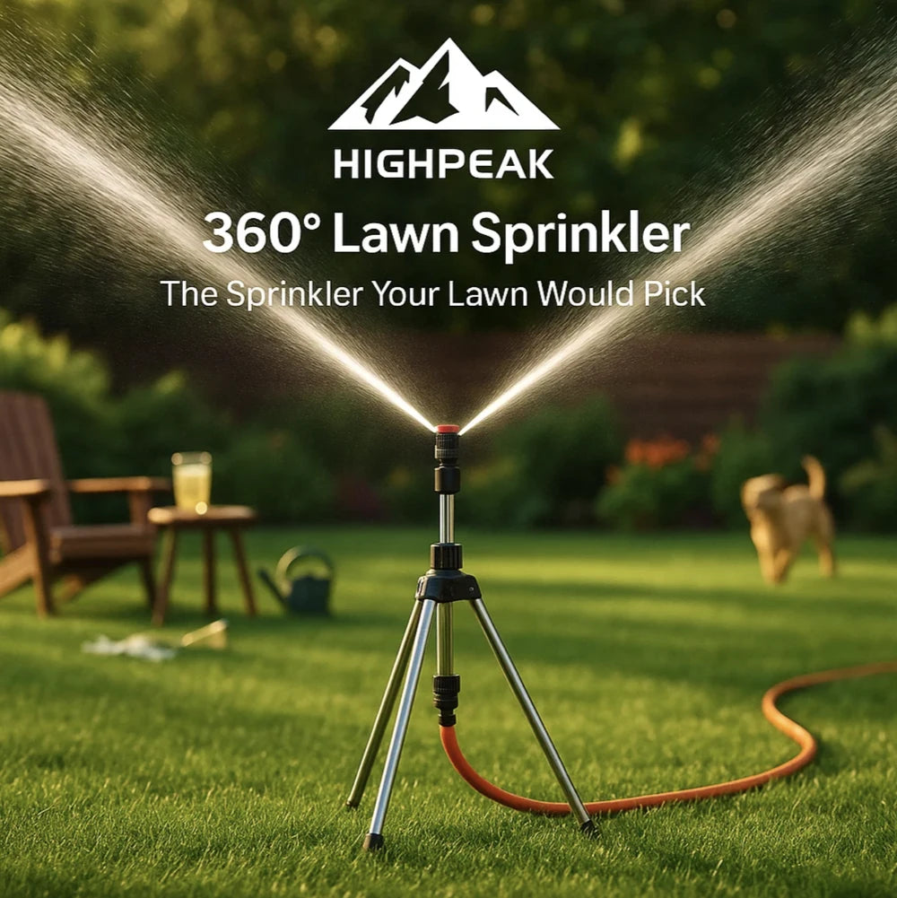HighPeak 360° Lawn Sprinkler with stainless steel tripod spraying water evenly on green lawn at sunset