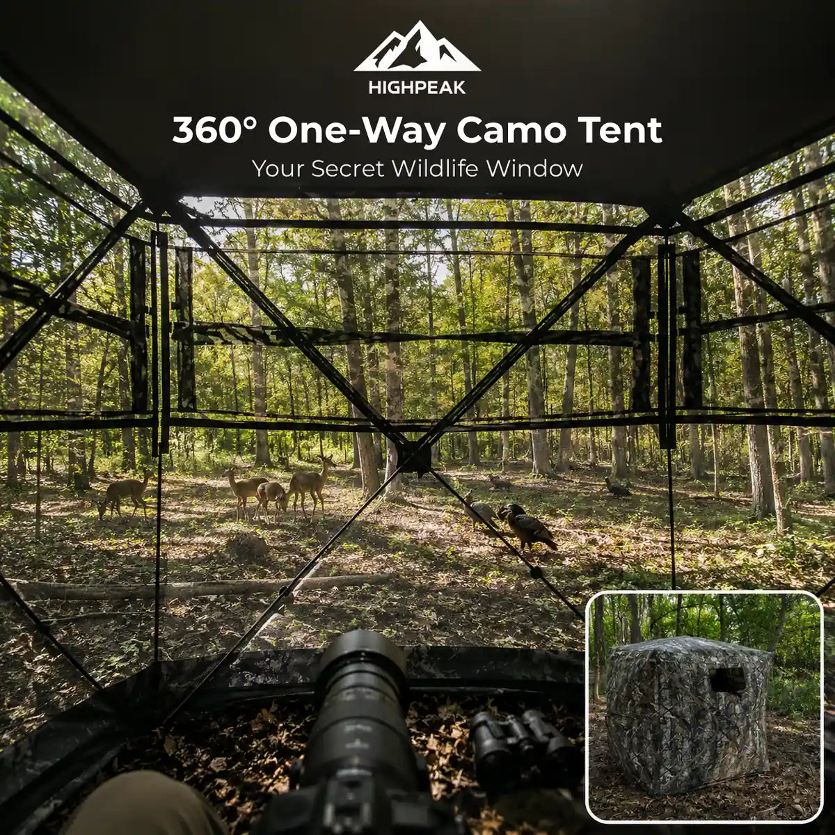 360° One-Way Camo Tent interior showing panoramic mesh, wildlife viewing, and the camo exterior