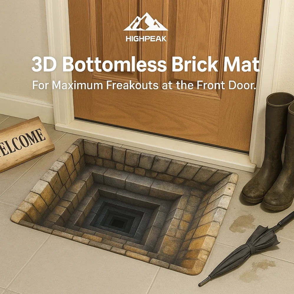 HighPeak 3D Bottomless Brick Mat at front door showing realistic pit illusion with brick design on tiled floor