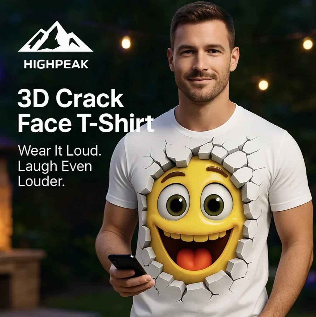 HighPeak 3D Crack Face T-Shirt white with 3D cracked wall emoji face worn by man outdoors at night