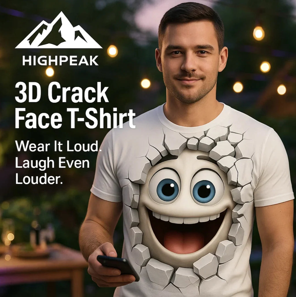 HighPeak 3D Crack Face T-Shirt white with cracked wall 3D cartoon face worn by man outdoors at night