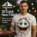 HighPeak 3D Crack Face T-Shirt white with cracked wall 3D cartoon face worn by man outdoors at night