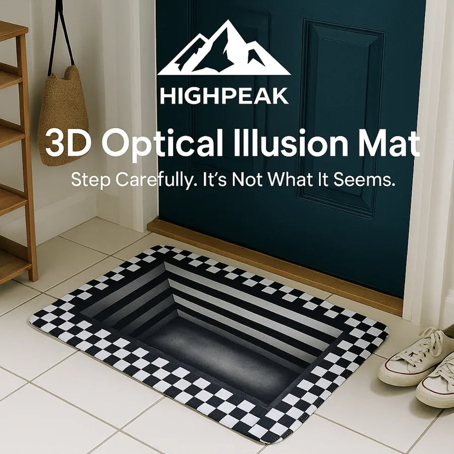 HighPeak 3D Optical Illusion Mat in black and white at front door with checkered pattern creating depth illusion