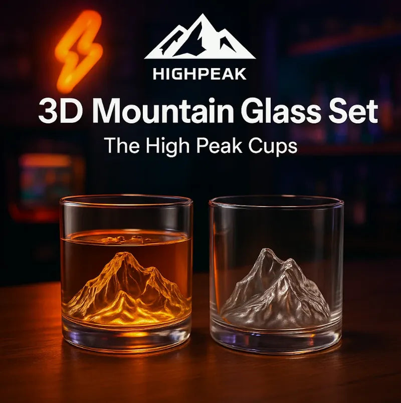 HighPeak 3D Mountain Glass Set with clear double-wall whiskey glasses featuring a sculpted mountain design inside