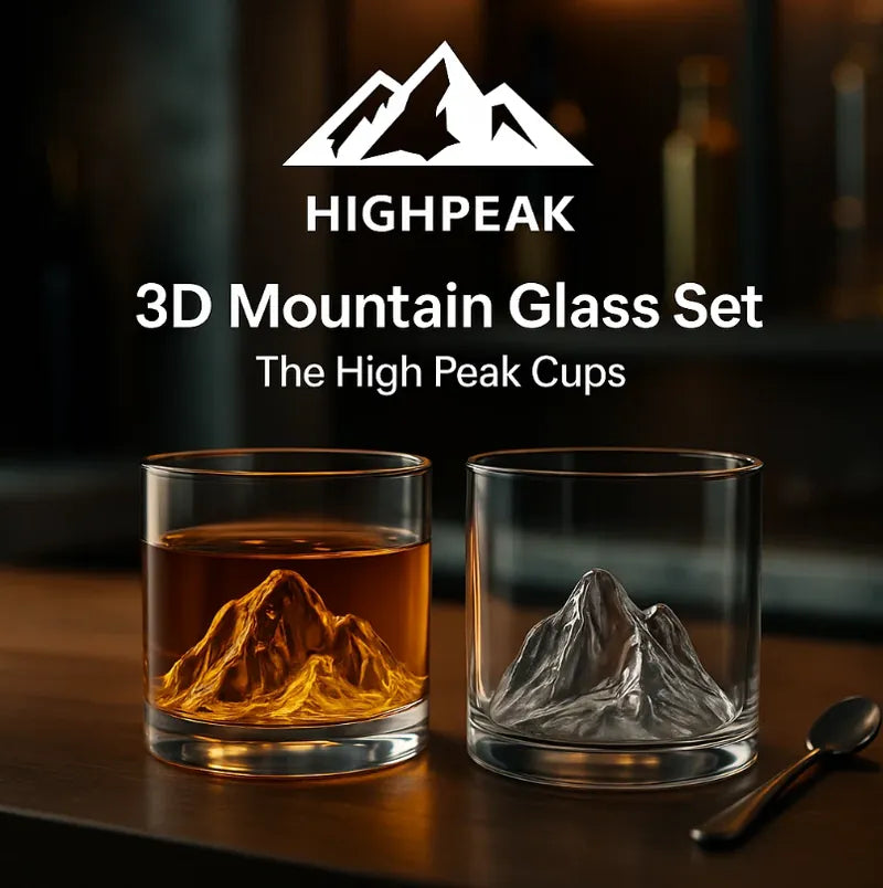 HighPeak 3D Mountain Glass Set with sculpted mountain design, clear glass, one filled with whiskey on a dark wood table