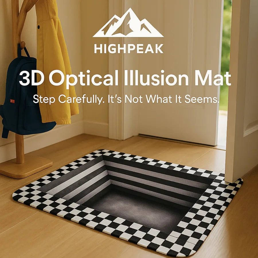 HighPeak 3D Optical Illusion Mat with black and white checkered design creating a realistic hole effect in a home doorway.