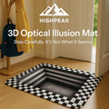 HighPeak 3D Optical Illusion Mat with black and white checkered design creating a realistic hole effect in a home doorway.