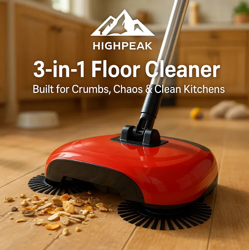 HighPeak 3-in-1 Floor Cleaner in red sweeping crumbs on wooden kitchen floor, cordless manual mop vacuum combo.