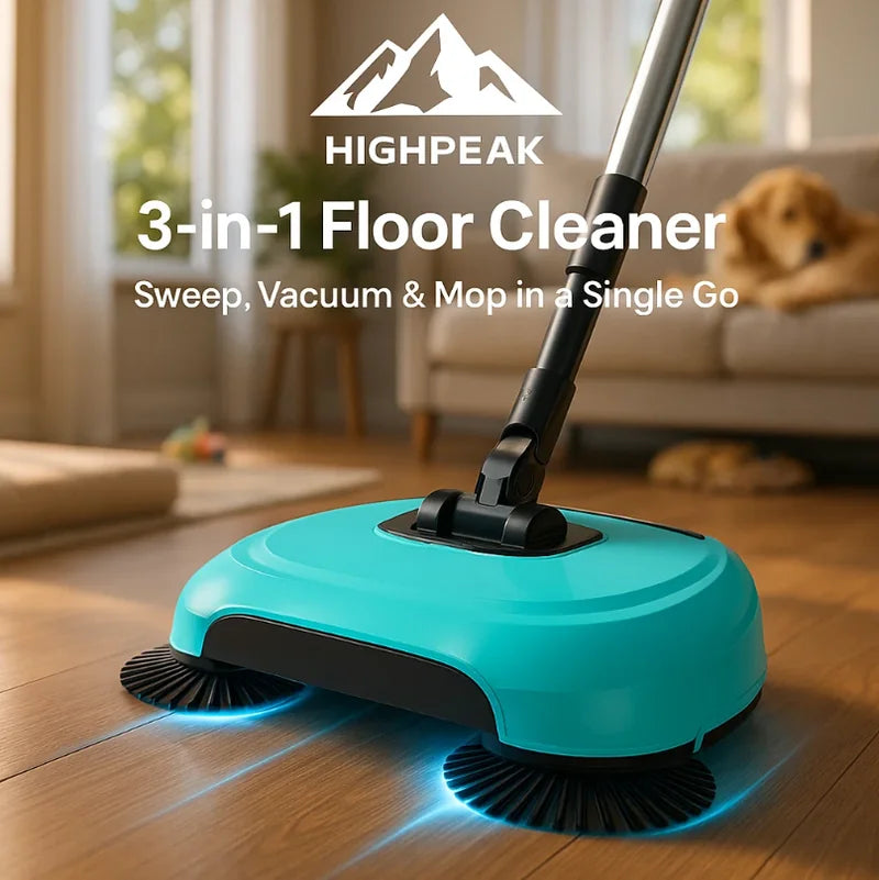 HighPeak 3-in-1 Floor Cleaner in teal sweeping hardwood floor with pet in cozy living room background