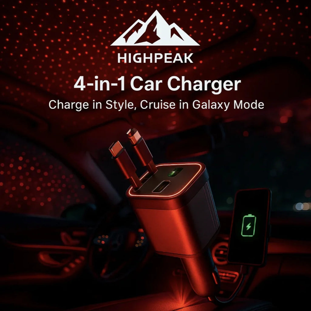 HighPeak 4-in-1 Retractable Car Charger with light projector glowing red inside a car charging a phone