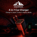 HighPeak 4-in-1 Retractable Car Charger with light projector glowing red inside a car charging a phone