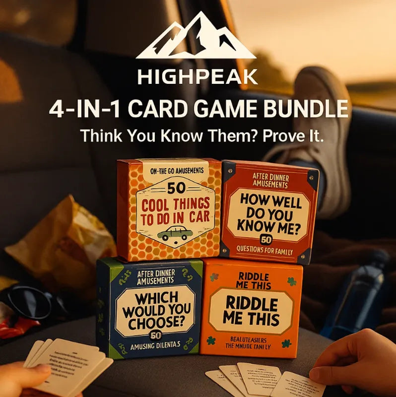 HighPeak 4-in-1 Card Game Bundle with four colorful decks for family fun, road trips, and game nights.