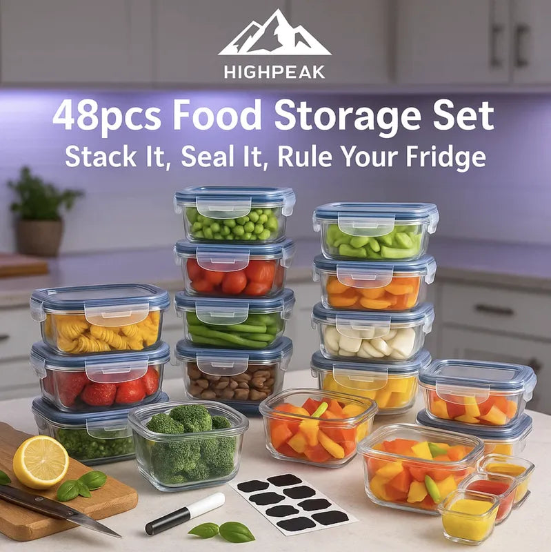 HighPeak 48pcs Food Storage Set with clear stackable airtight containers filled with fresh vegetables on kitchen counter