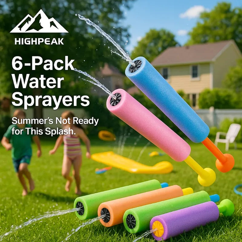 HighPeak 6-Pack Foam Water Sprayers in bold colors shooting water in a backyard with kids playing summer games