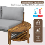HighPeak U-Shaped Outdoor Sofa Set partial view with gray cushions and acacia wood side table, weather-resistant and durable design