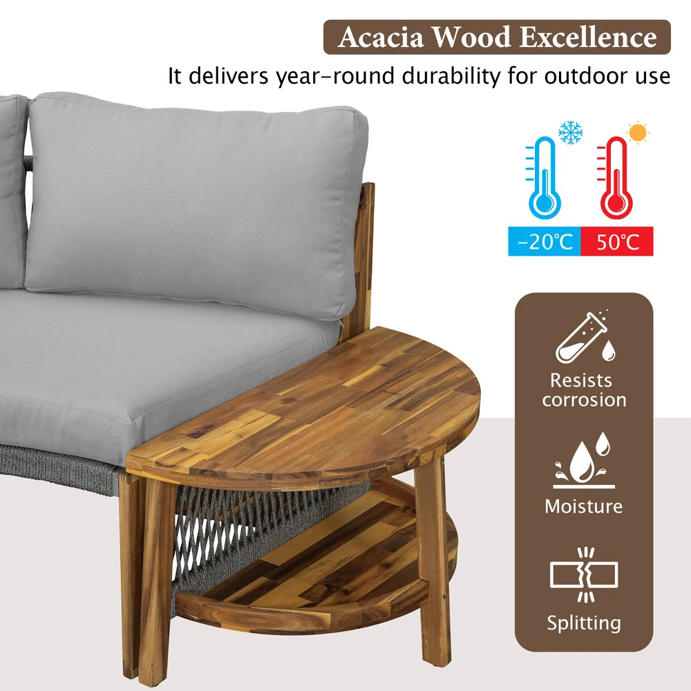 HighPeak U-Shaped Outdoor Sofa Set partial view with gray cushions and acacia wood side table, weather-resistant and durable design
