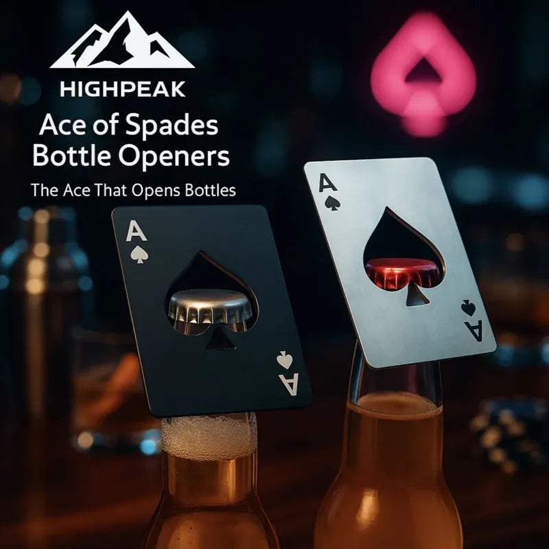 HighPeak Ace of Spades Bottle Openers in black and silver stainless steel opening bottles with spade cutout design