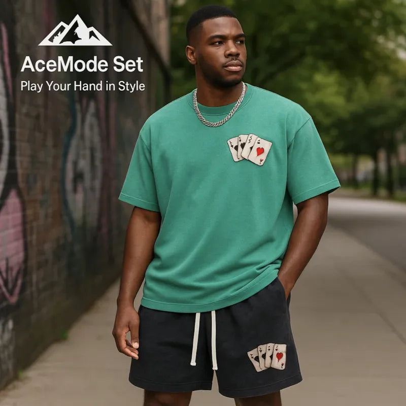 HighPeak AceMode Set in green and black with card patches worn outdoors by a man for casual streetwear style
