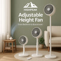 HighPeak Adjustable Height Fan in white shown at three height settings in a modern living room with remote control