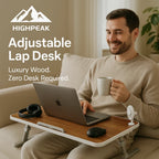 HighPeak Adjustable Lap Desk in luxury wood with built-in fan and drawer, used by man working on laptop with coffee