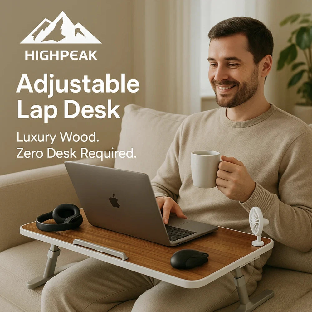 HighPeak Adjustable Lap Desk in luxury wood with USB fan and adjustable legs on a beige couch with man working and drinking coffee