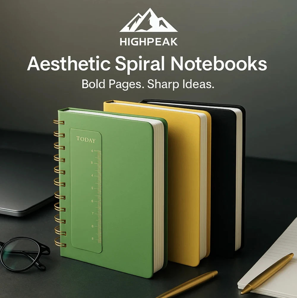 HighPeak Aesthetic Spiral Notebooks in green, yellow, and black with gold spirals on a dark desk setup