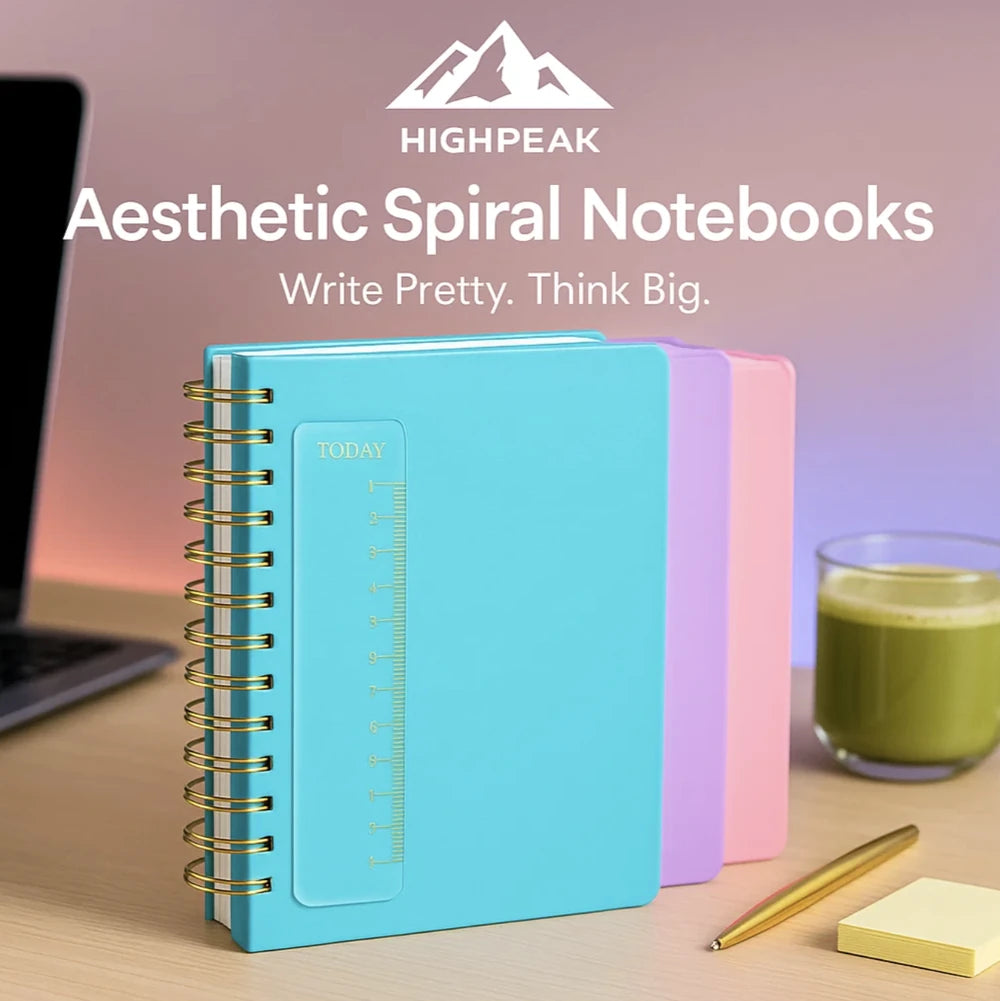 HighPeak Aesthetic Spiral Notebooks in blue, lavender, and pink with gold spiral on desk with pen and laptop