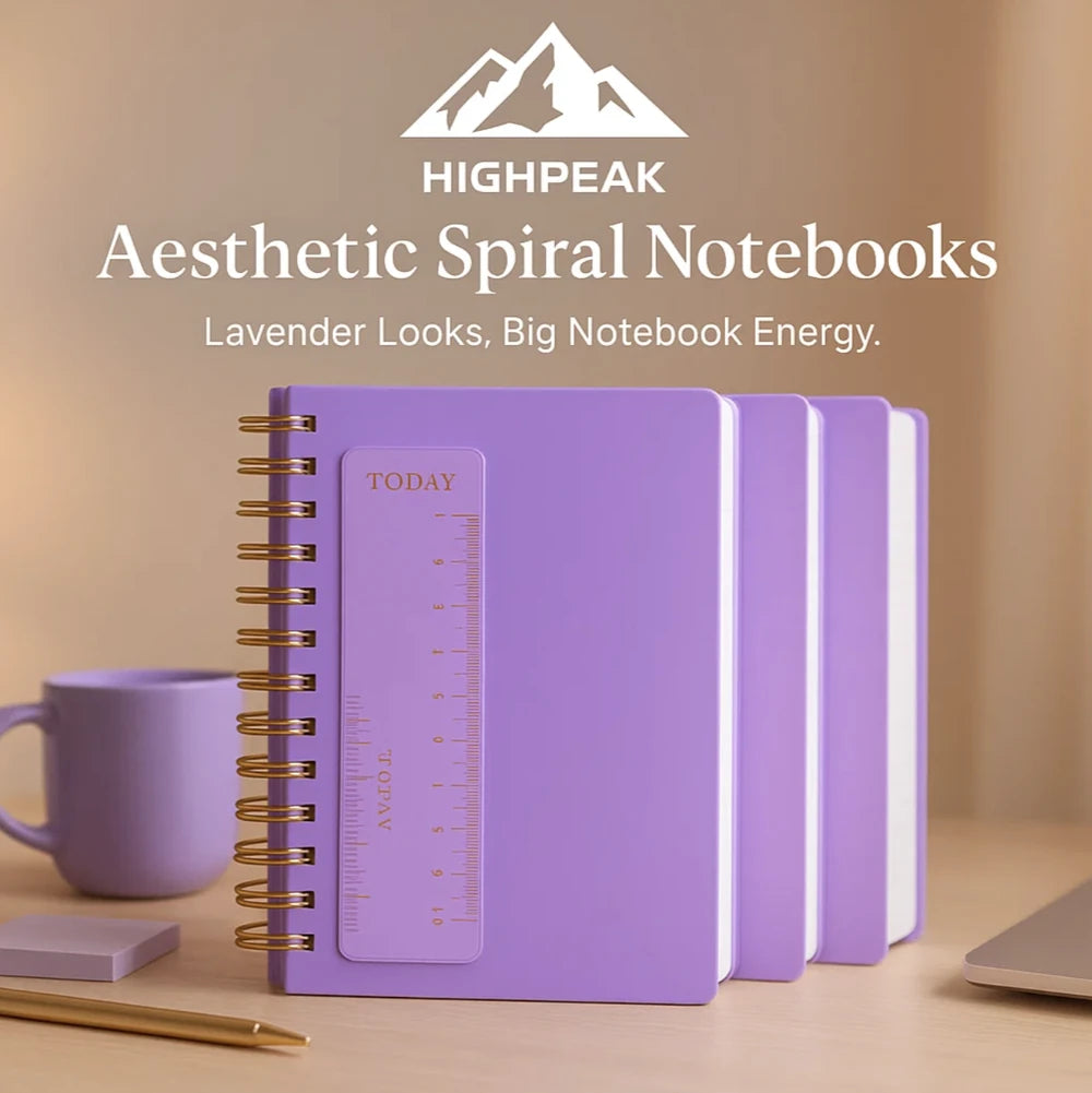 HighPeak Aesthetic Spiral Notebooks in lavender with gold spiral, ruler bookmark, shown on desk with mug and pen.
