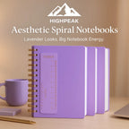 HighPeak Aesthetic Spiral Notebooks in lavender with gold spiral, ruler bookmark, perfect for journaling and note-taking.
