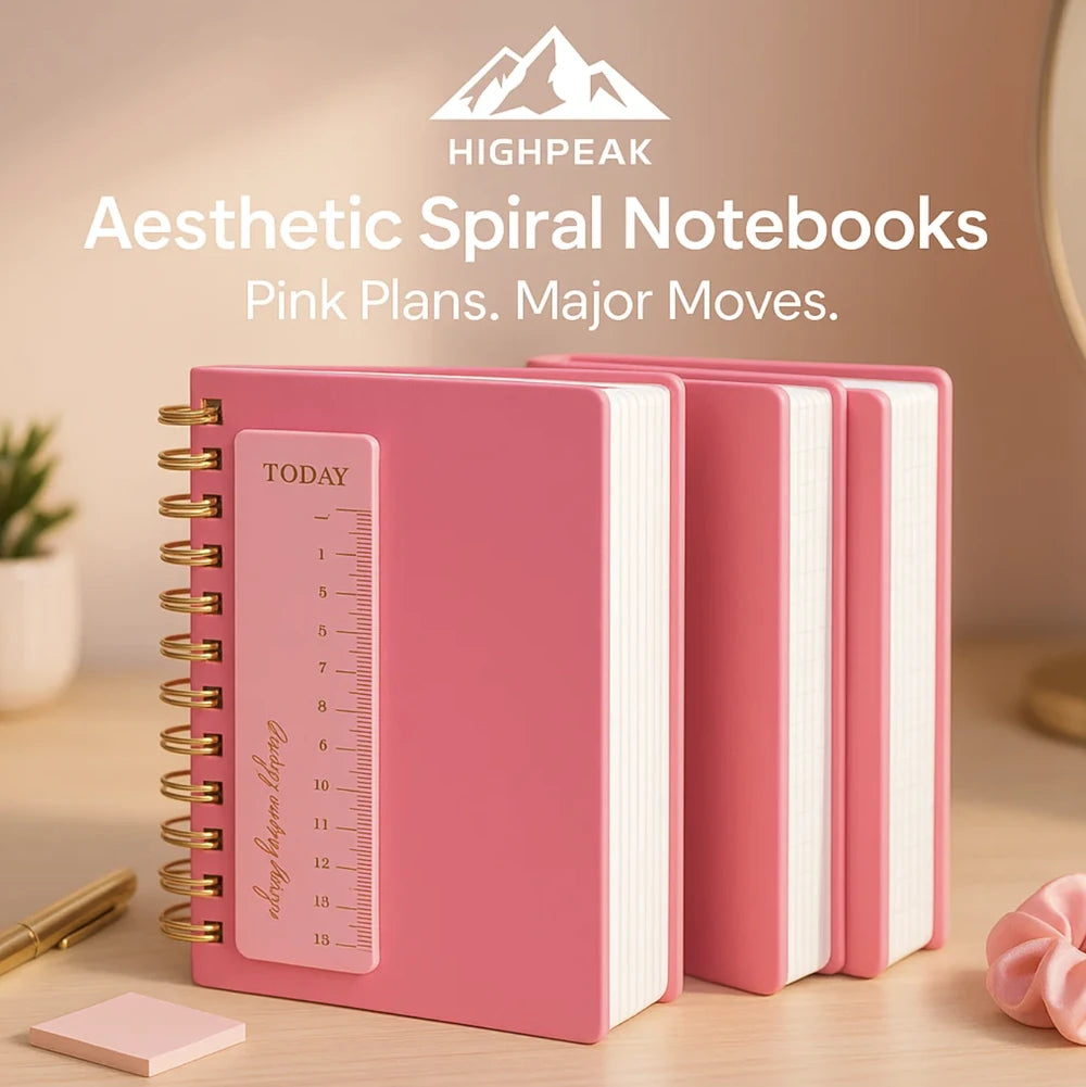 HighPeak Aesthetic Spiral Notebooks in pink with gold spiral binding and built-in ruler on wood desk for stylish planning