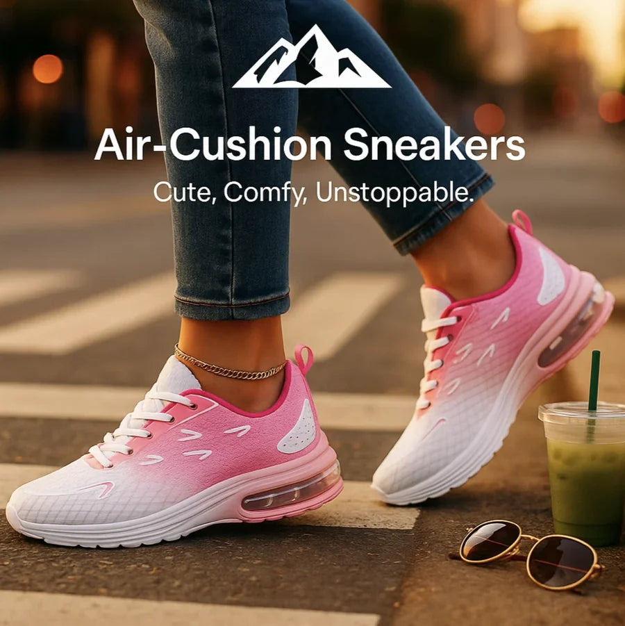 HighPeak Air-Cushion Gradient Sneakers in pink and white with breathable knit upper worn on city pavement outdoors