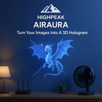 HighPeak AirAura fan displaying blue 3D holographic dragon with wings spread on dark wall - modern smart home decor