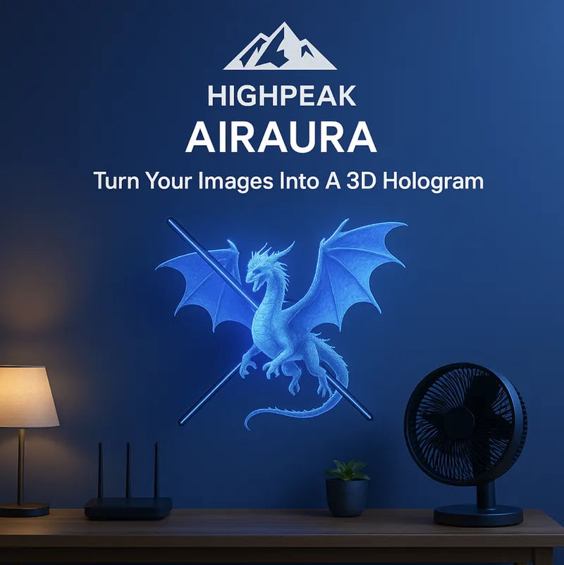 HoloFrame™ - 3D Projection AirAura showing a blue dragon hologram floating above a desk with lamp and fan – HighPeak product.