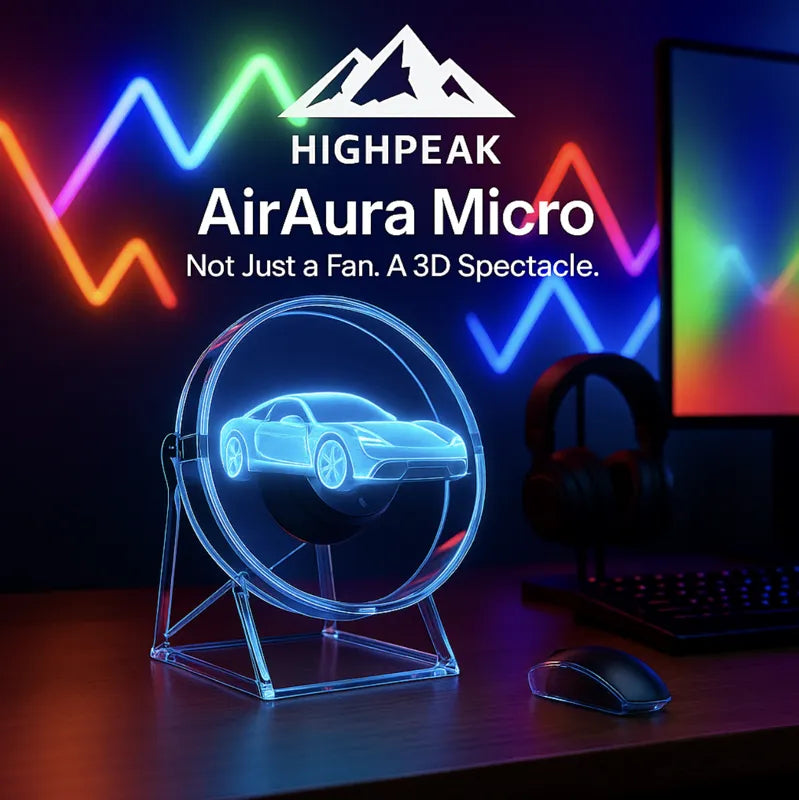 HighPeak AirAura Micro fan displaying 3D holographic car on desk with colorful LED wave lights and gaming setup