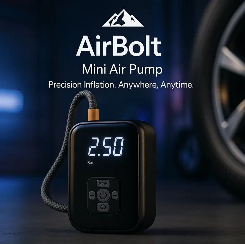 AirBolt Mini™ smart tire inflator pump in black showing digital PSI display next to car tire in dim setting