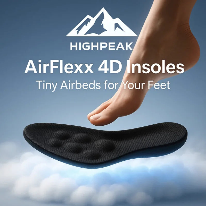 HighPeak AirFlexx 4D Shock-Absorbing Shoe Insoles in black with cushioning airbed design floating above clouds