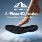 HighPeak AirFlexx 4D Shock-Absorbing Shoe Insoles in black with cushioning and arch support under a hovering foot