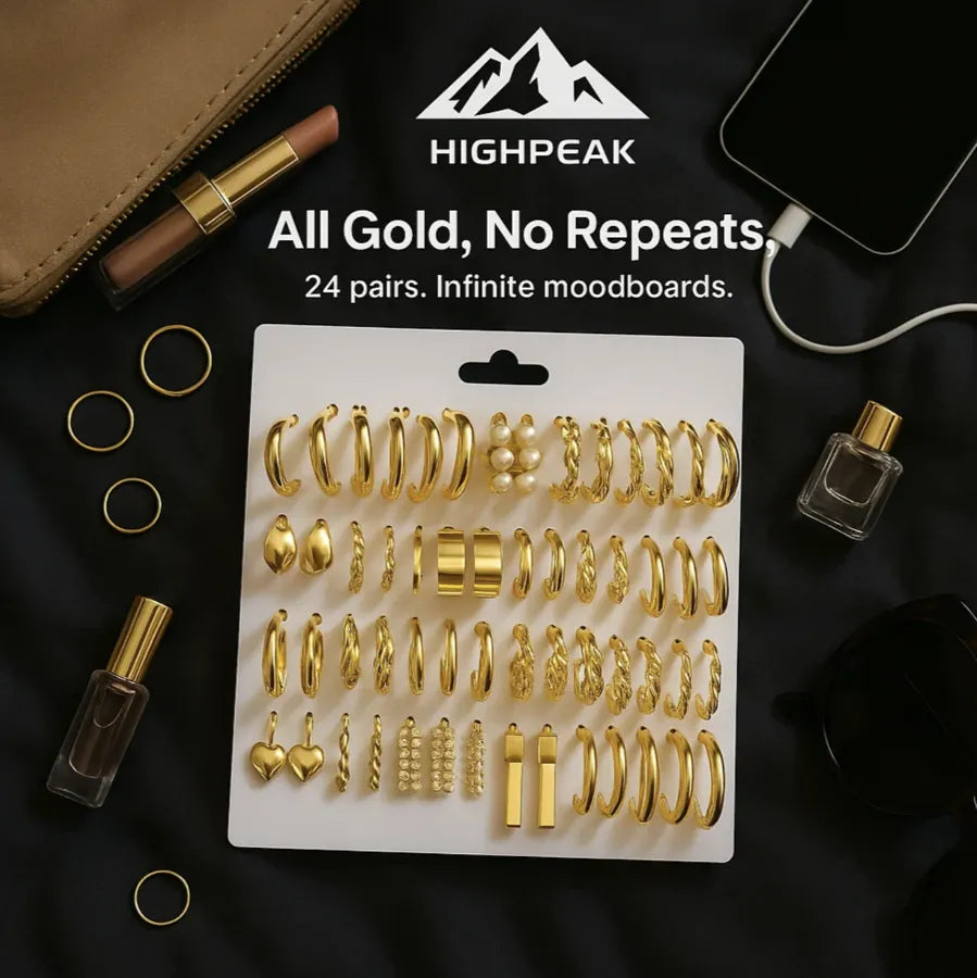 HighPeak 48-Piece Earring Set with all gold hoops, studs, and drops displayed on white card with black background.