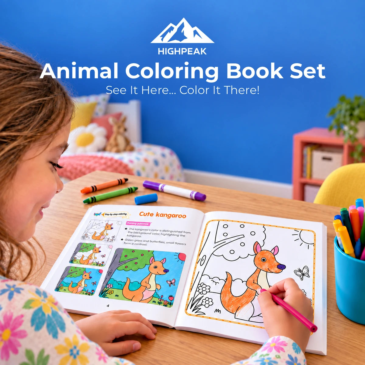 HighPeak Animal Coloring Book Set open to a cartoon fox page as a child colors at a desk.