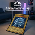 HighPeak Anime Gaming Rug featuring Blue-Eyes White Dragon card design in a modern gaming room setup.