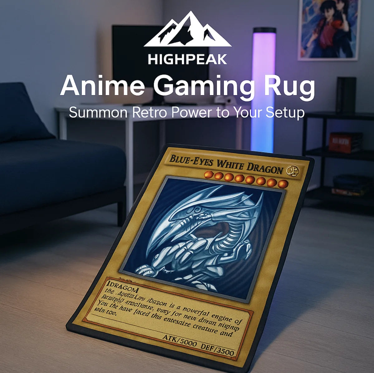 HighPeak Anime Gaming Rug featuring Blue-Eyes White Dragon card design in a modern gaming room setup.