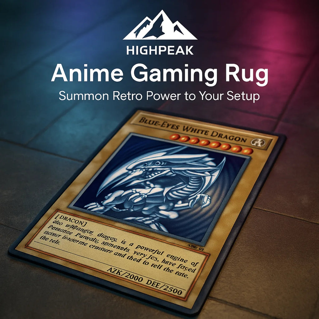 HighPeak Anime Gaming Rug featuring Blue-Eyes White Dragon design in vibrant colors on soft non-slip surface.