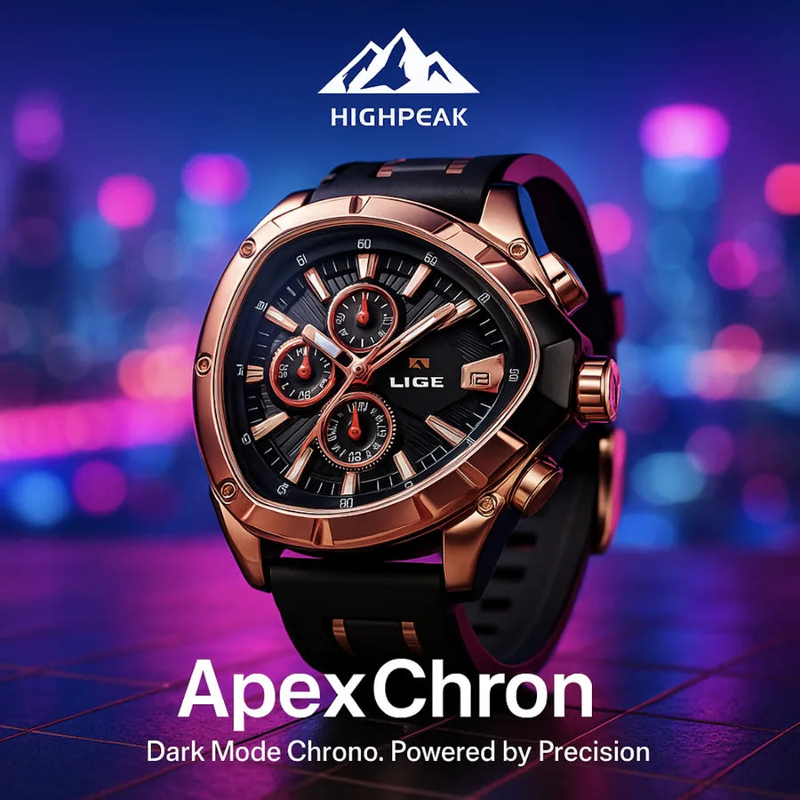 HighPeak ApexChron™ triangular sports watch in rose gold with black strap, precision chronograph and multi-dial design